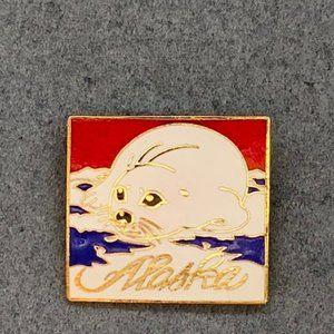 Alaska White Seal Pin Brooch Red Blue Enamel Gold